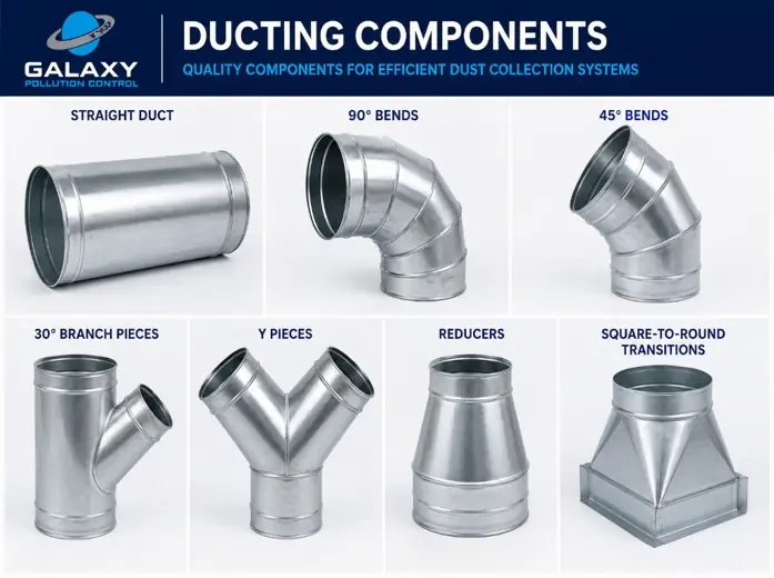 Ducting components grid — straight duct, bends, branches, dampers and reducers