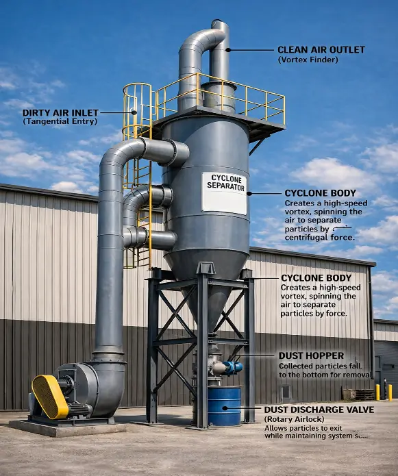 Cyclonic dust collection system — annotated field installation with inlet, separator body, clean air outlet and dust discharge